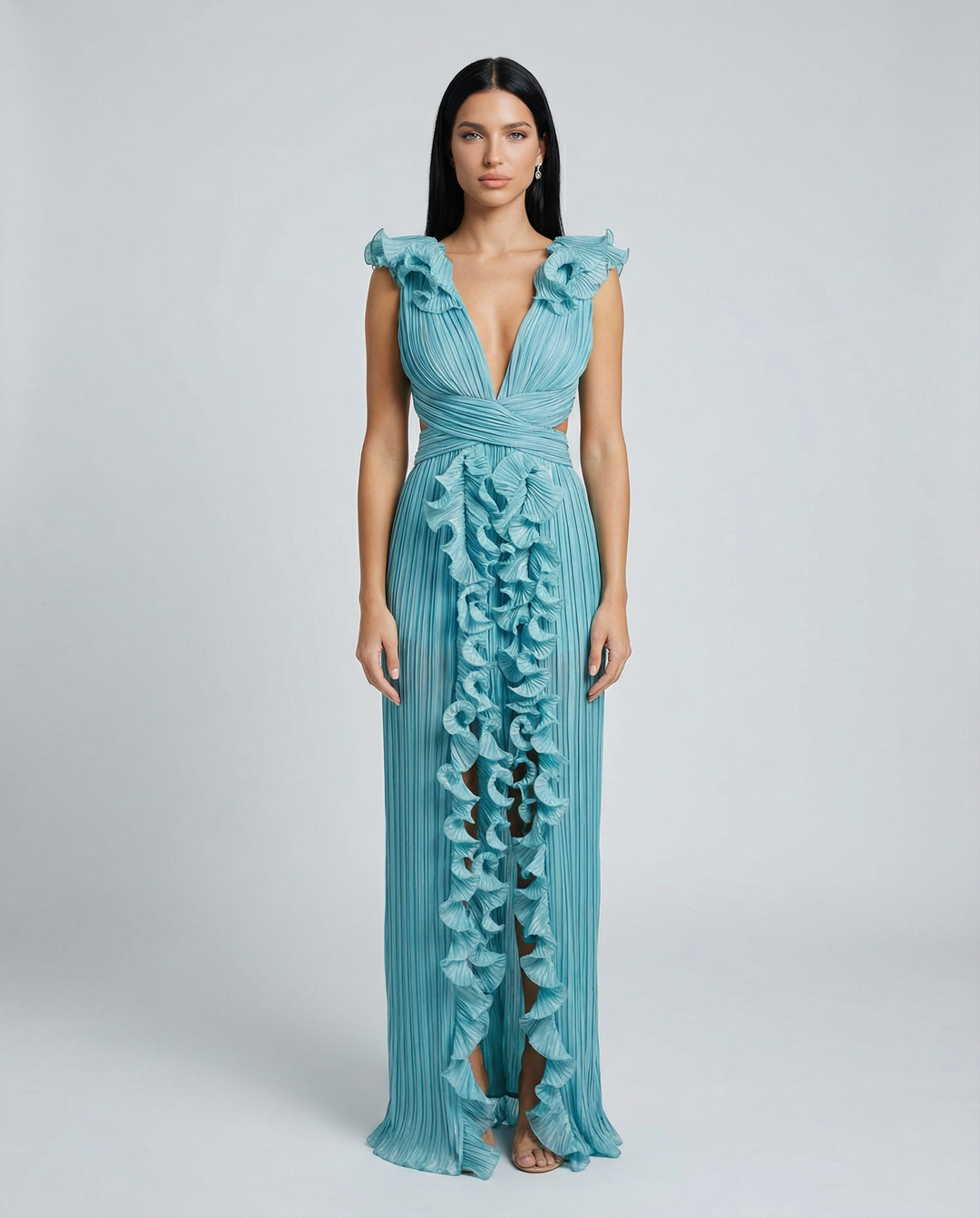 Taylor | Pleated V-Neck Maxi Dress with Cut-Out and Front Split