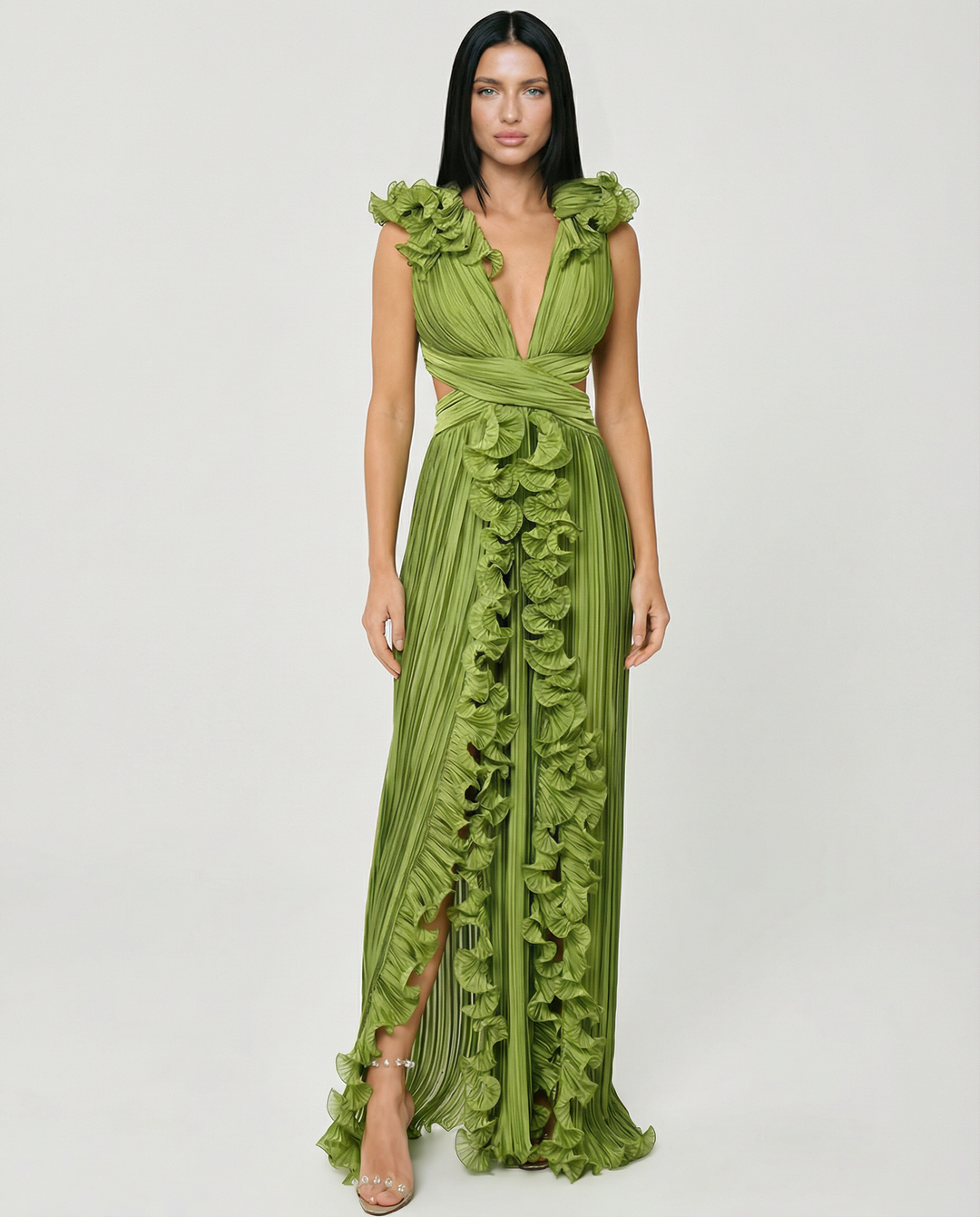 Taylor | Pleated V-Neck Maxi Dress with Cut-Out and Front Split