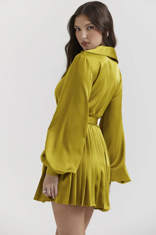 Irene | Pleated Mini Shirt Dress with Waist Tie