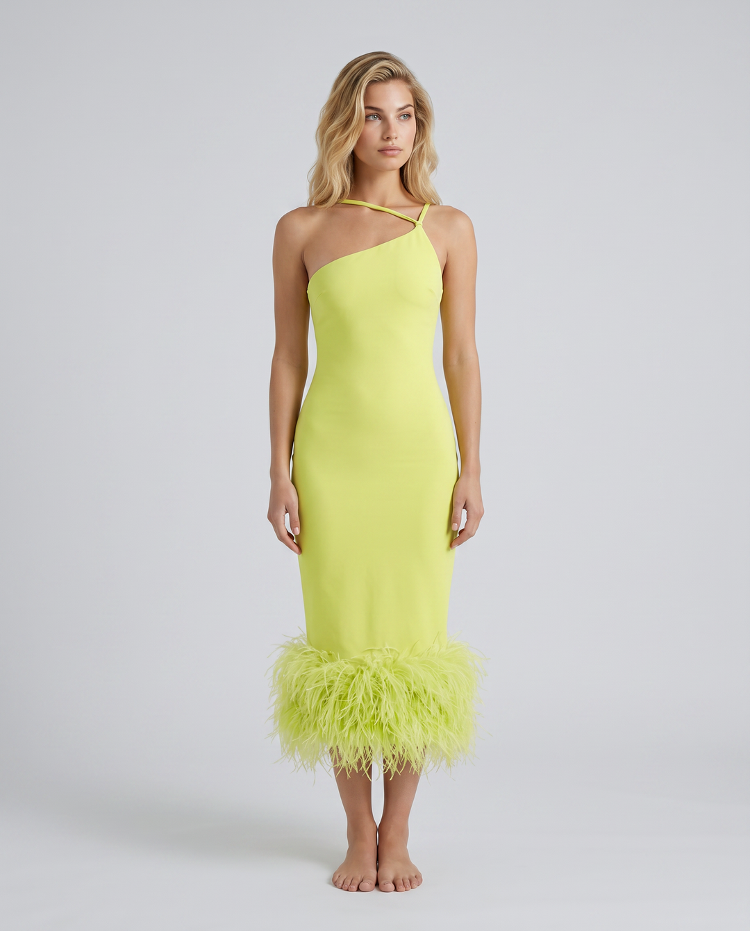 Alyssa | Midi Dress with Feather Hem and One Shoulder Strap