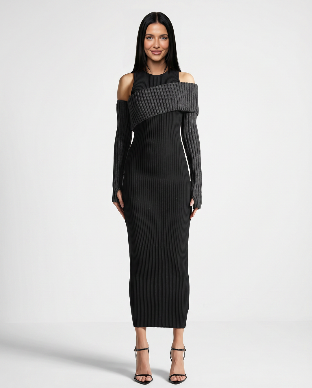 Marisa | Midi Dress with Ribbed Knit and Cold Shoulder Detail
