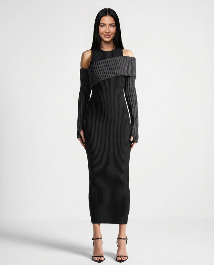 Marisa | Midi Dress with Ribbed Knit and Cold Shoulder Detail