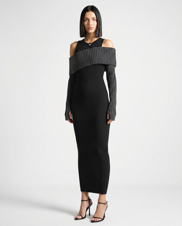 Marisa | Midi Dress with Ribbed Knit and Cold Shoulder Detail