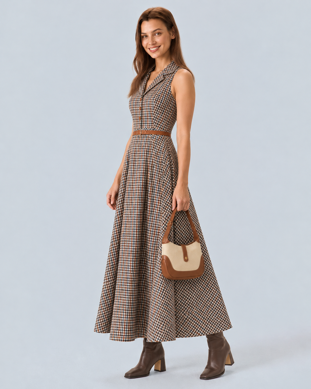 Phoebe | Brown Plaid Sleeveless Belted Maxi Dress