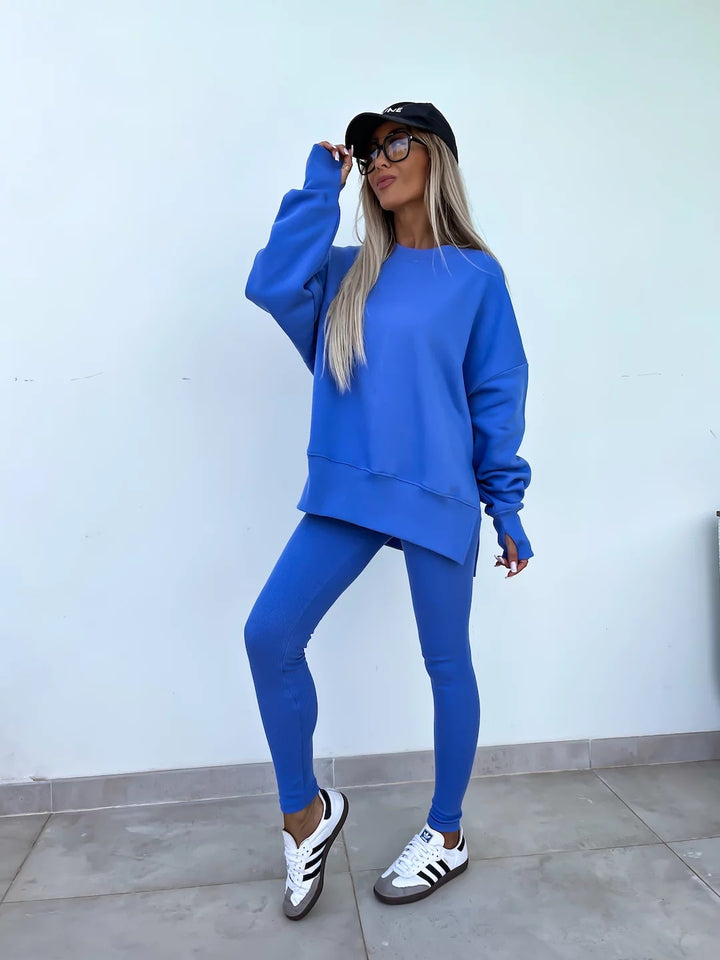 Casual Jumper Suit, Loose Crew Neck Split Top and Tight Trousers