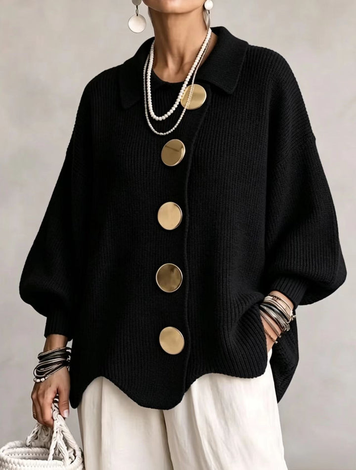 Button-Up Knit Cardigan with Lapel, Loose Fit Long Sleeve