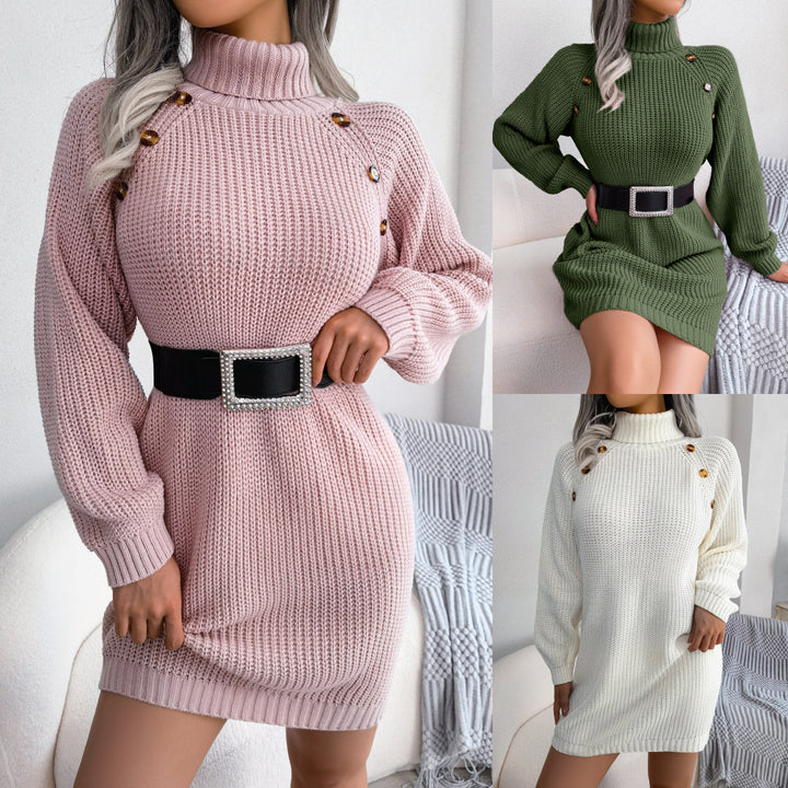 Polo Neck Long Jumper Dress with Button Detail, Warm Knit
