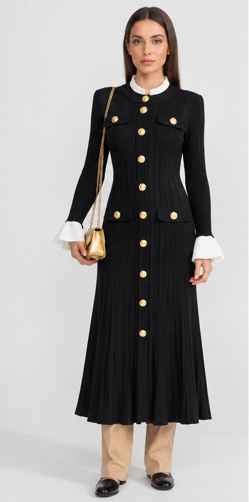 Sable | Ribbed Knit Gold Button Midi Dress