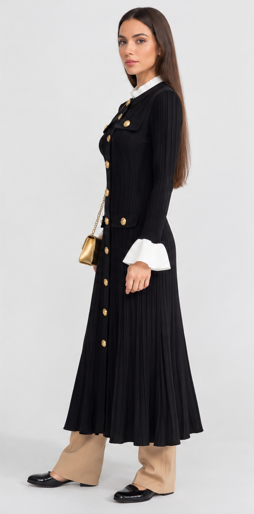 Sable | Ribbed Knit Gold Button Midi Dress